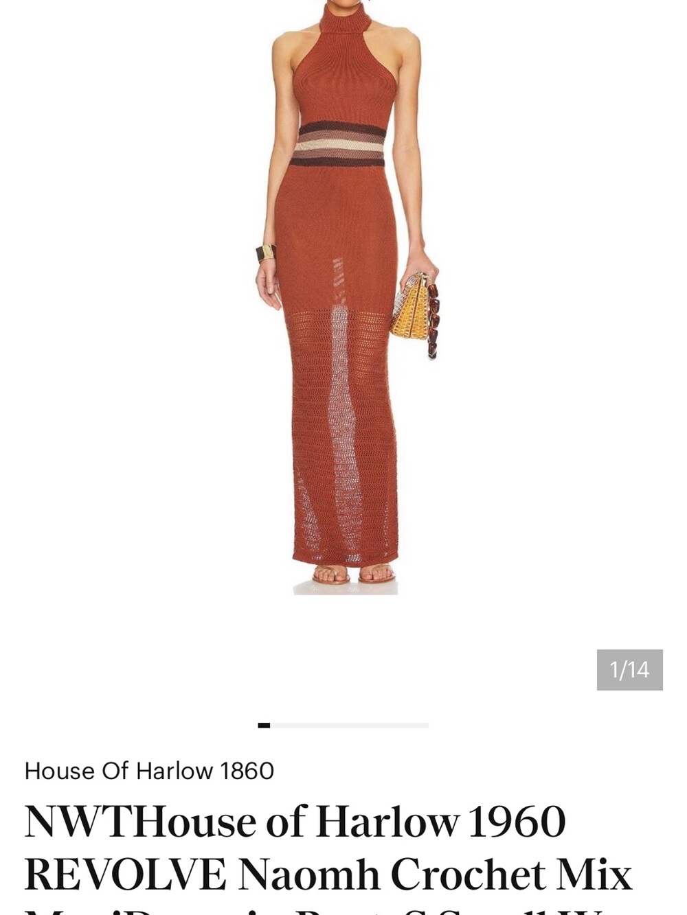 House of Harlow 1960 Rust Halter Maxi Dress with Striped Waist - Picture 3 of 3